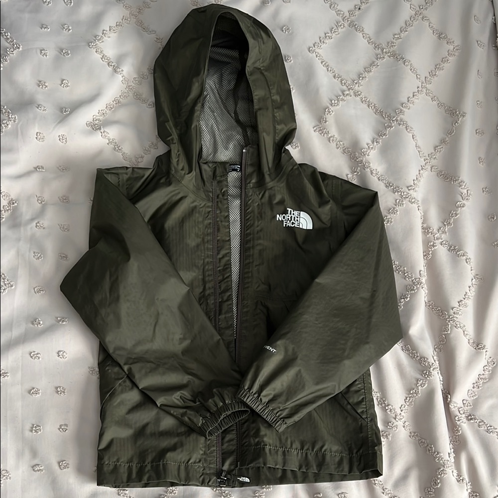 The North Face Green Raincoat with Attached Hood and Full Zipper